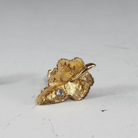 Gold Leaf Post Earrings Stick Pin Set Faux Diamond Avon Vtg Costume Jewelry Box - Picture 5 of 9